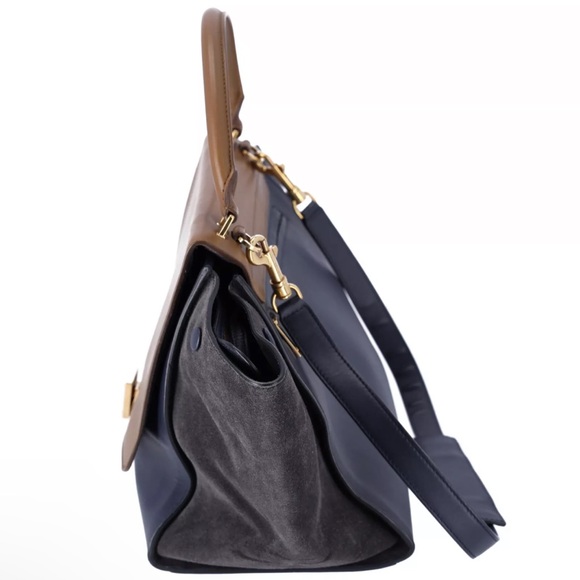 Celine Trapeze Medium Convertible Satchel Crossbody Suede Leather Blue Tan - Picture 6 of 12